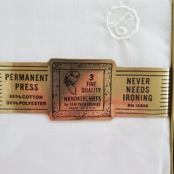 Vintage Monogramed White Handkerchiefs 3 Men's "L" Permanent Press USA Sealed - Picture 3 of 4
